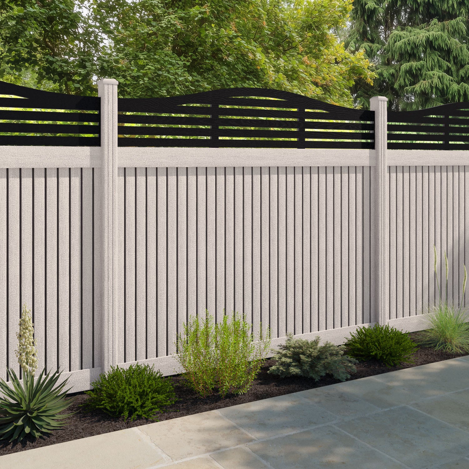 Virtis Aspen Curved Top Fence Panel - Mid Stone - with our composite posts