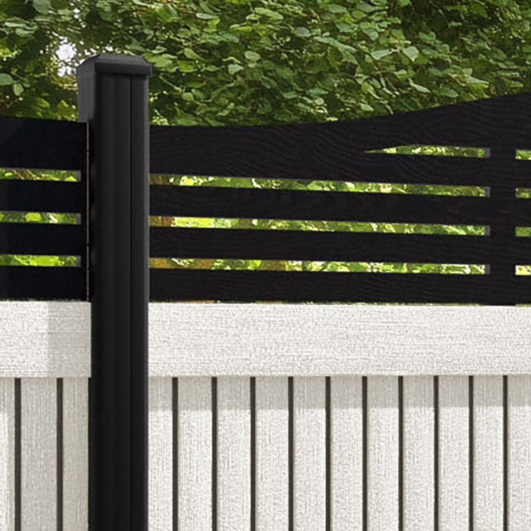 Virtis Aspen Curved Top Fence Panel - Light Stone - with our aluminium posts