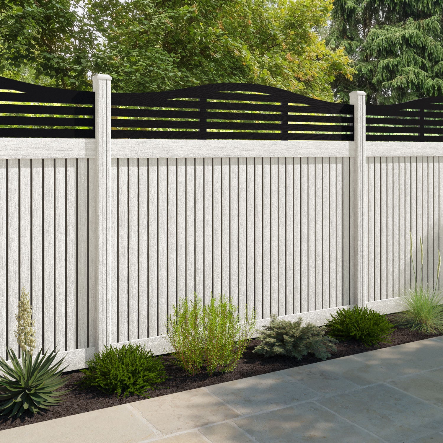 Virtis Aspen Curved Top Fence Panel - Light Stone - with our composite posts