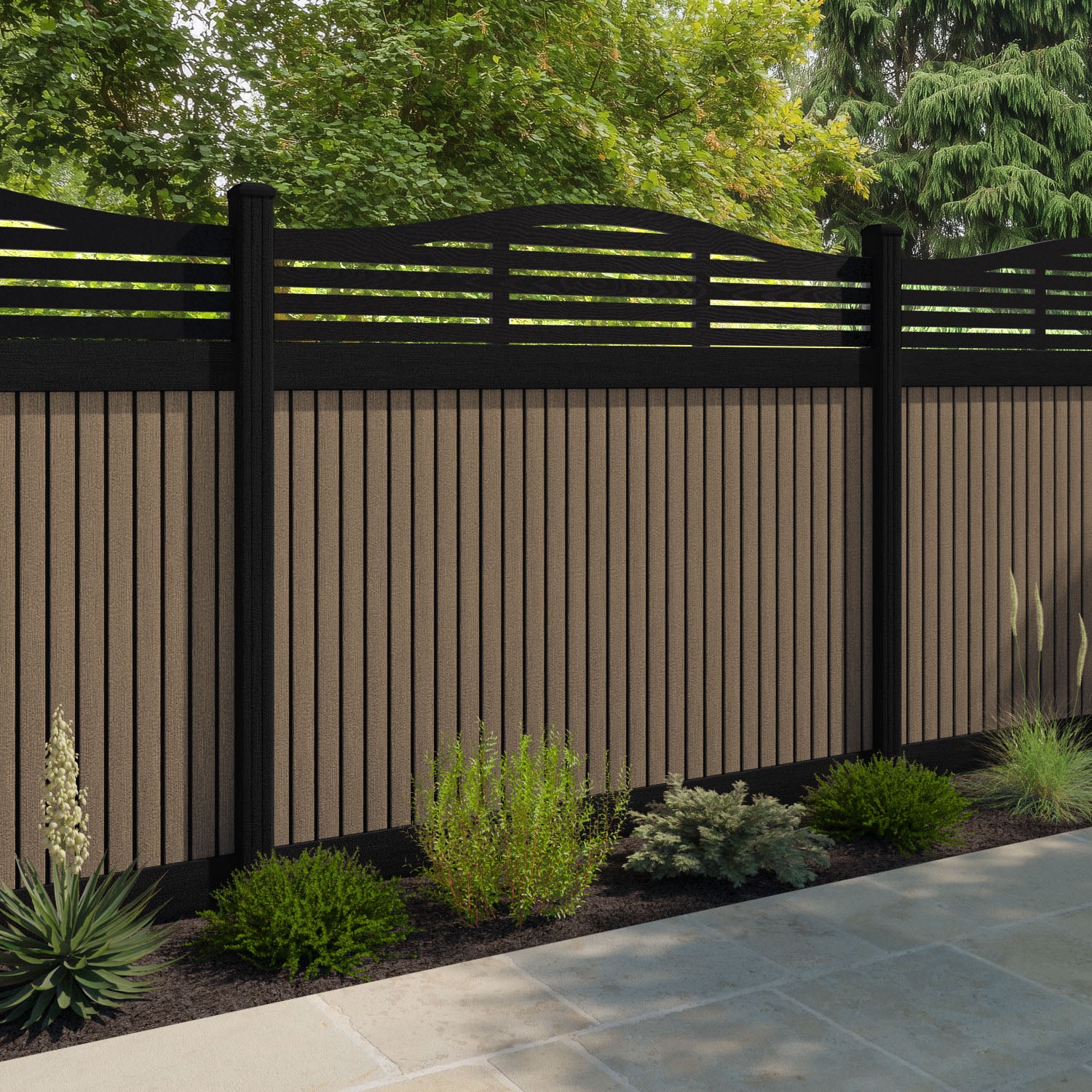 Virtis Aspen Curved Top Fence Panel - Teak - with our composite posts