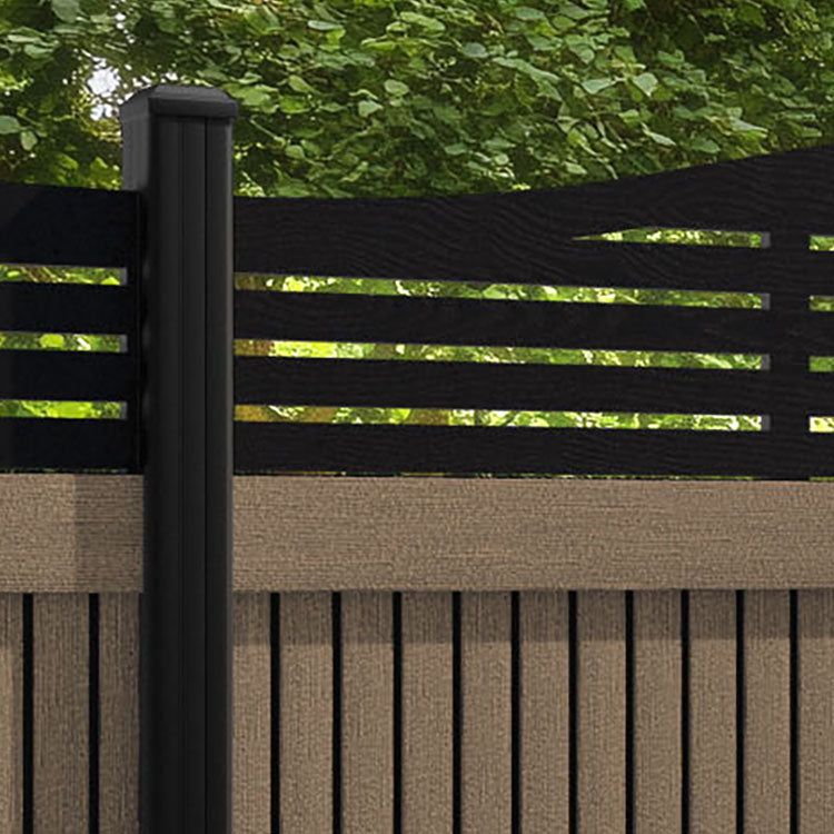 Virtis Aspen Curved Top Fence Panel - Teak - with our aluminium posts