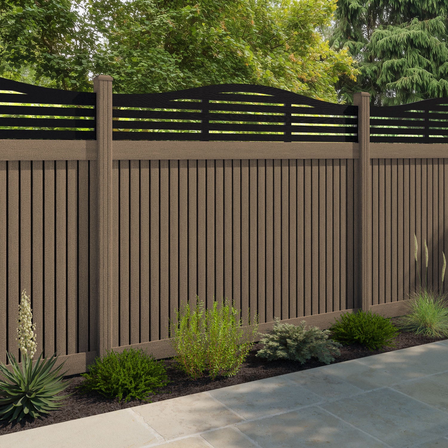 Virtis Aspen Curved Top Fence Panel - Teak - with our composite posts