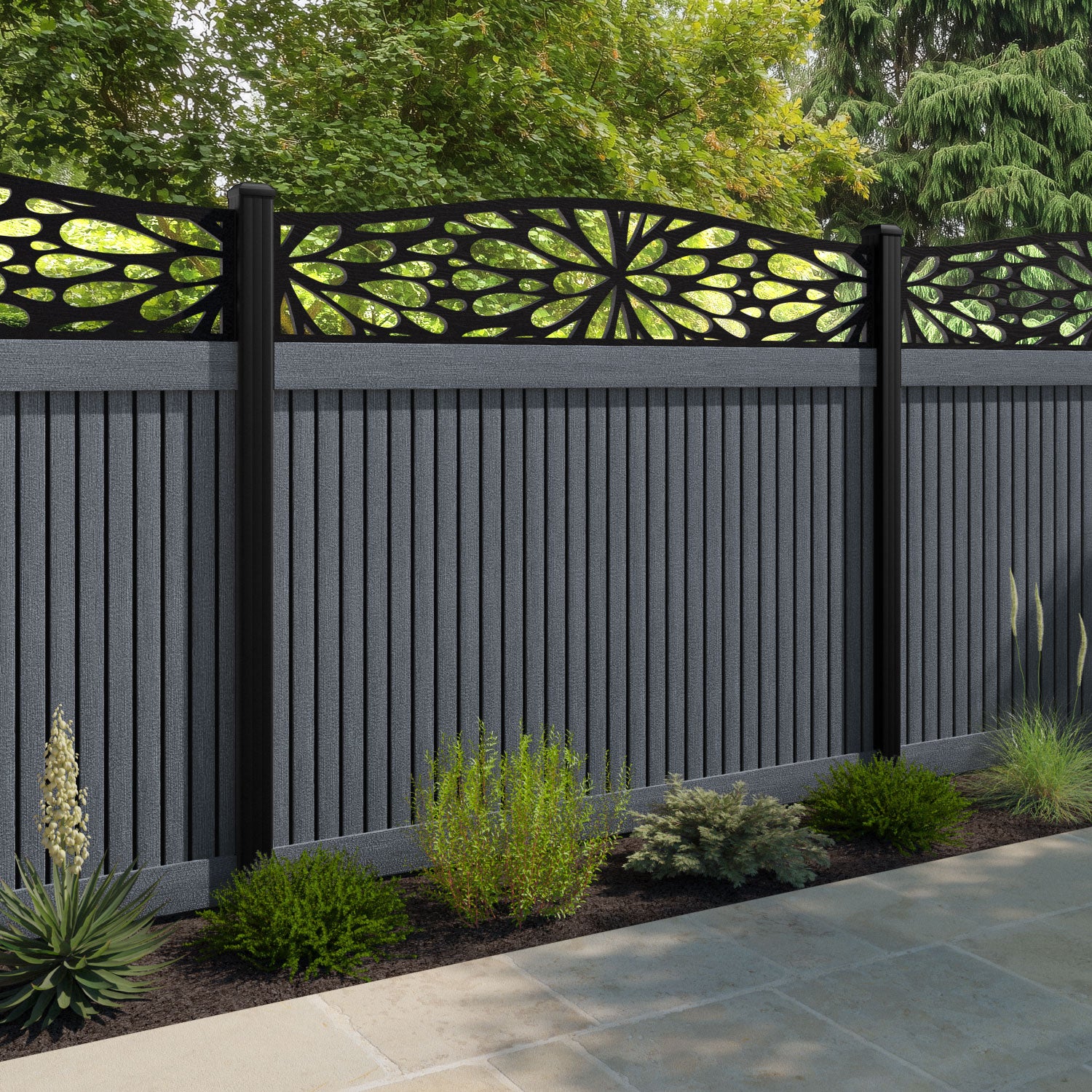Virtis Blossom Curved Top Fence Panel - Anthracite - with our aluminium posts