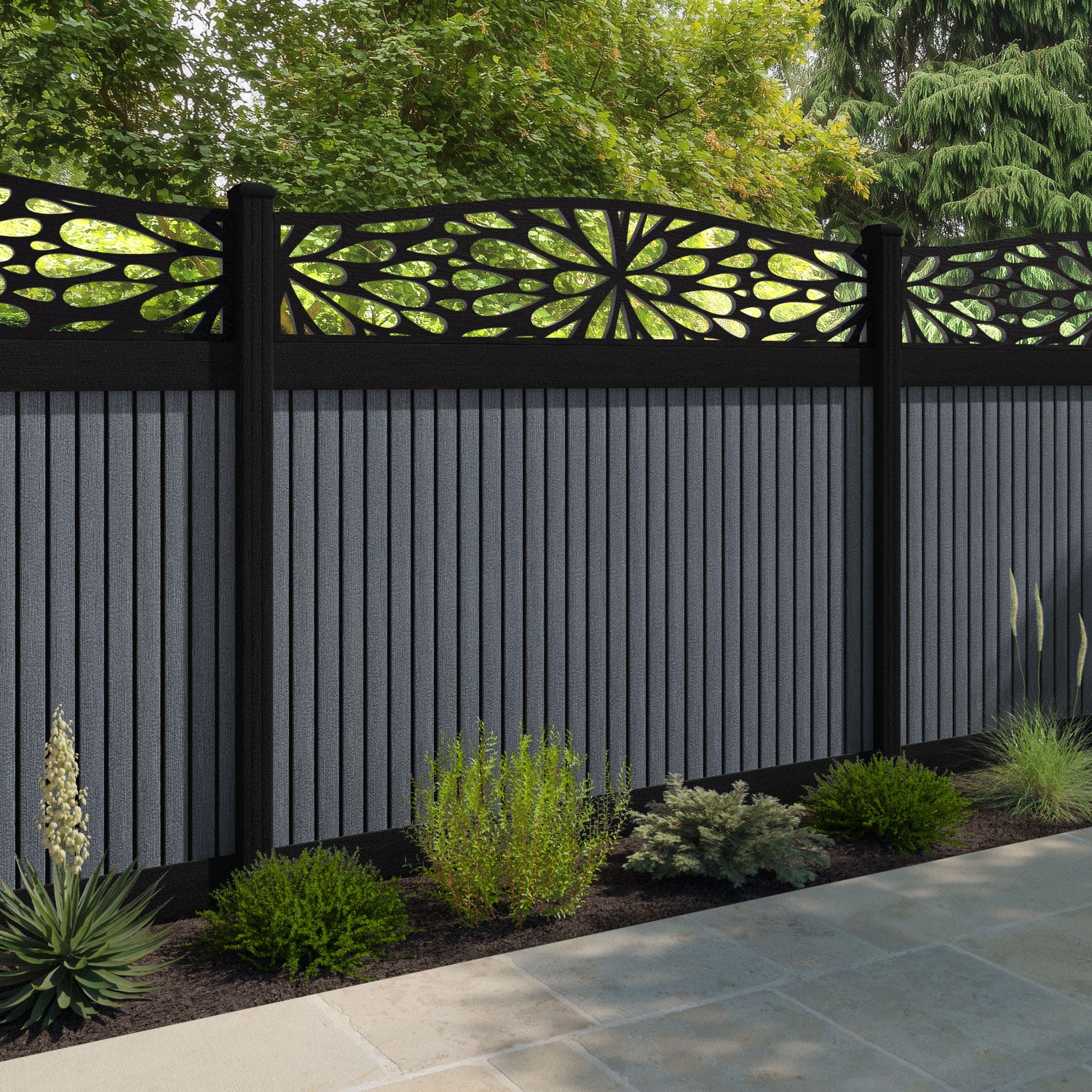 Virtis Blossom Curved Top Fence Panel - Anthracite - with our composite posts