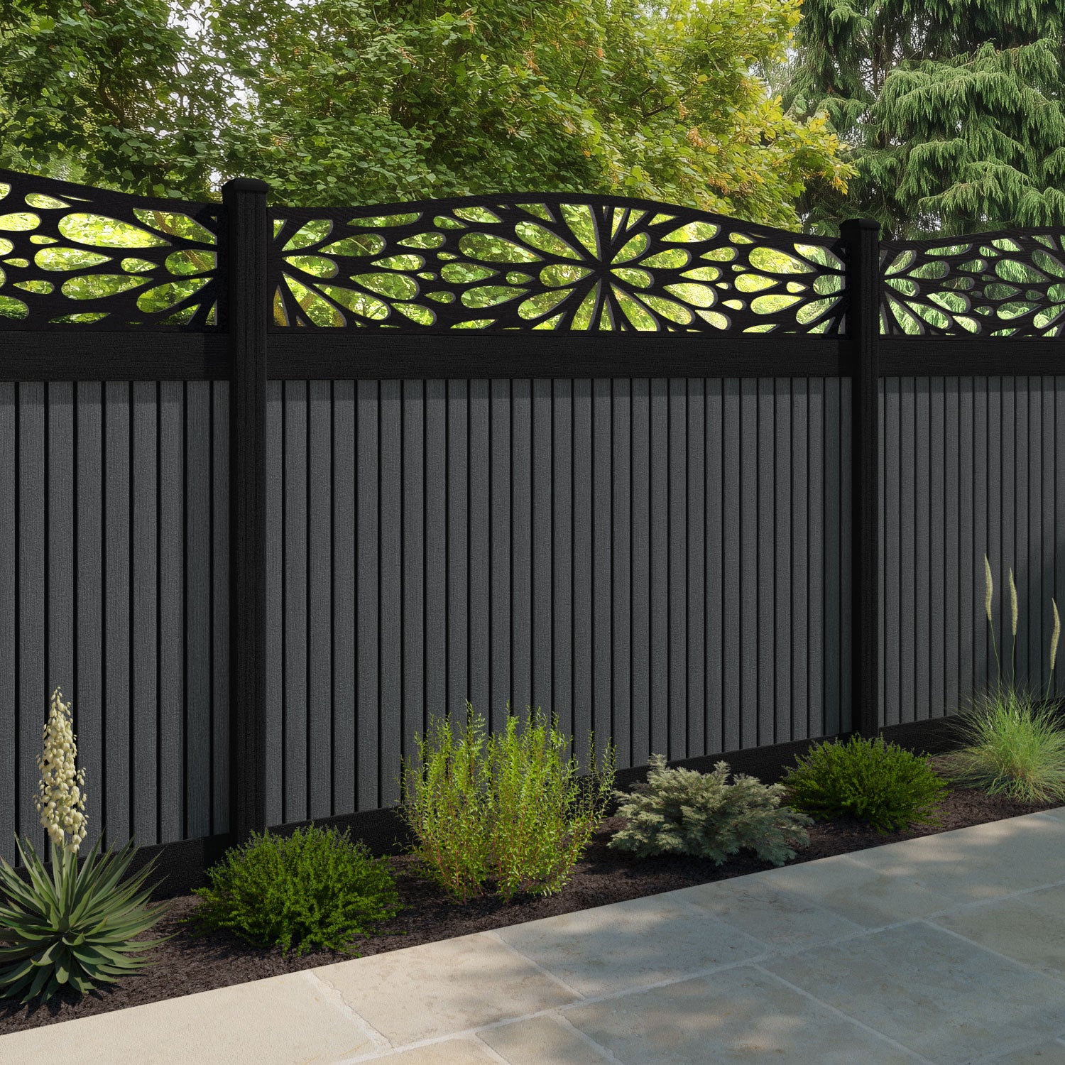 Virtis Blossom Curved Top Fence Panel - Dark Grey - with our aluminium posts