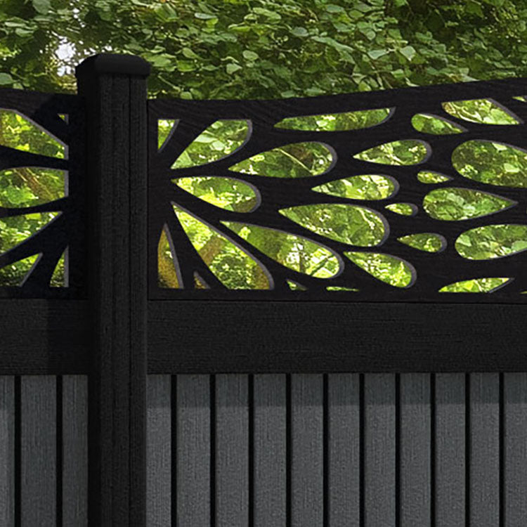 Virtis Blossom Curved Top Fence Panel - Dark Grey - with our aluminium posts