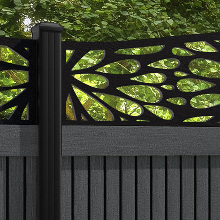 Virtis Blossom Curved Top Fence Panel - Dark Grey - with our aluminium posts