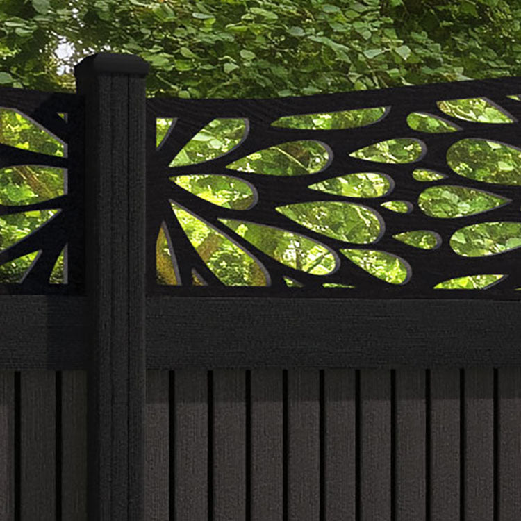 Virtis Blossom Curved Top Fence Panel - Dark Oak - with our aluminium posts