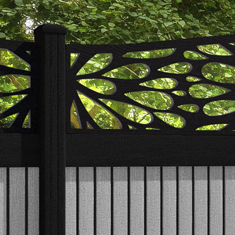 Virtis Blossom Curved Top Fence Panel - Light Grey - with our aluminium posts