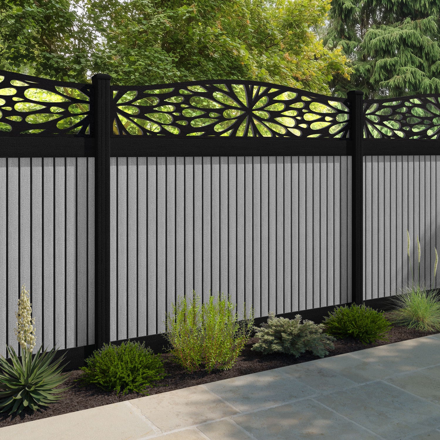 Virtis Blossom Curved Top Fence Panel - Light Grey - with our composite posts