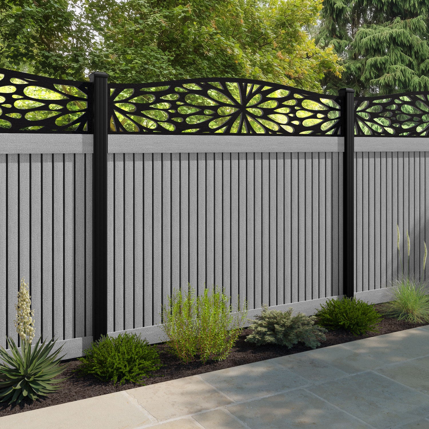 Virtis Blossom Curved Top Fence Panel - Light Grey - with our aluminium posts