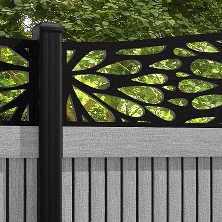 Virtis Blossom Curved Top Fence Panel - Light Grey - with our aluminium posts
