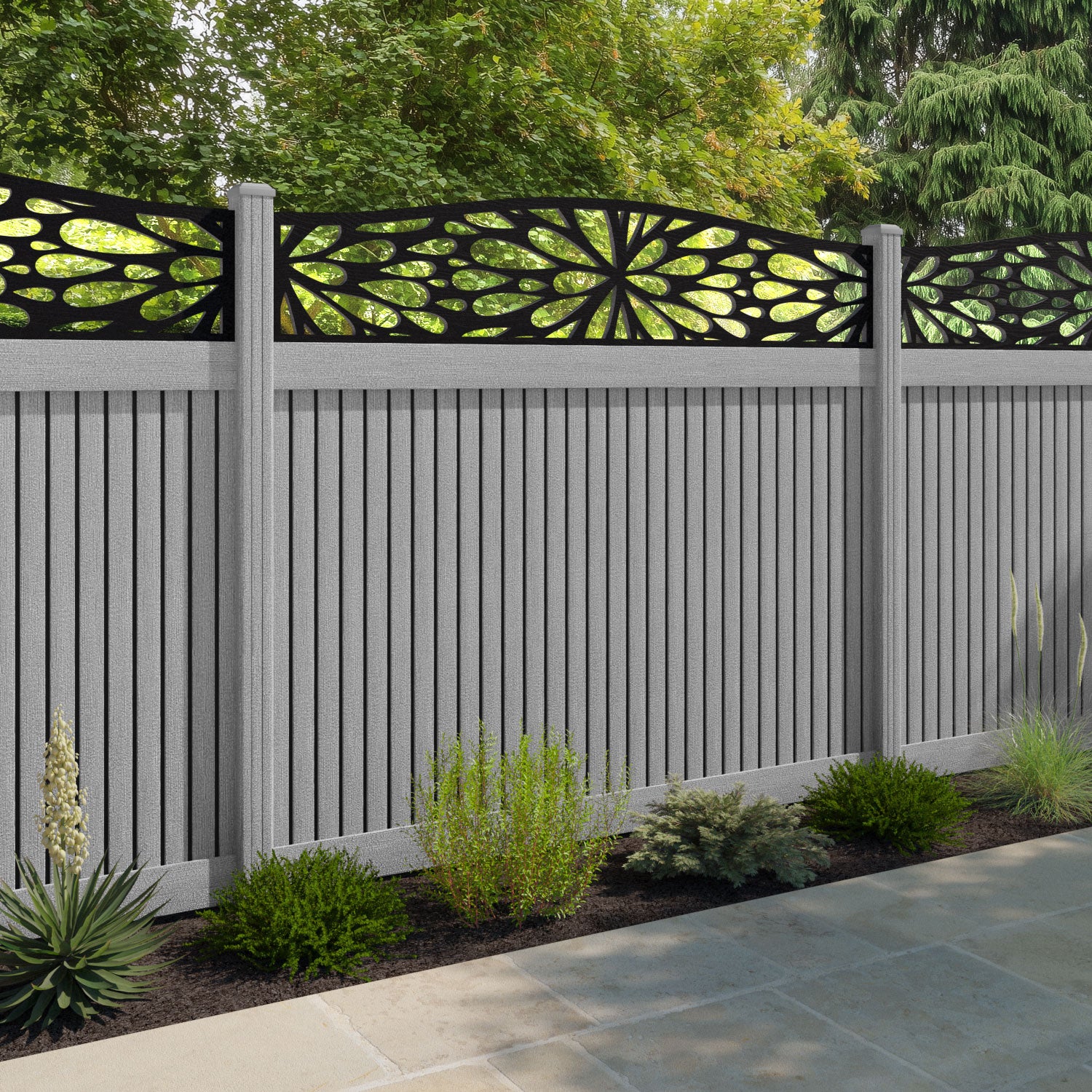 Virtis Blossom Curved Top Fence Panel - Light Grey - with our composite posts