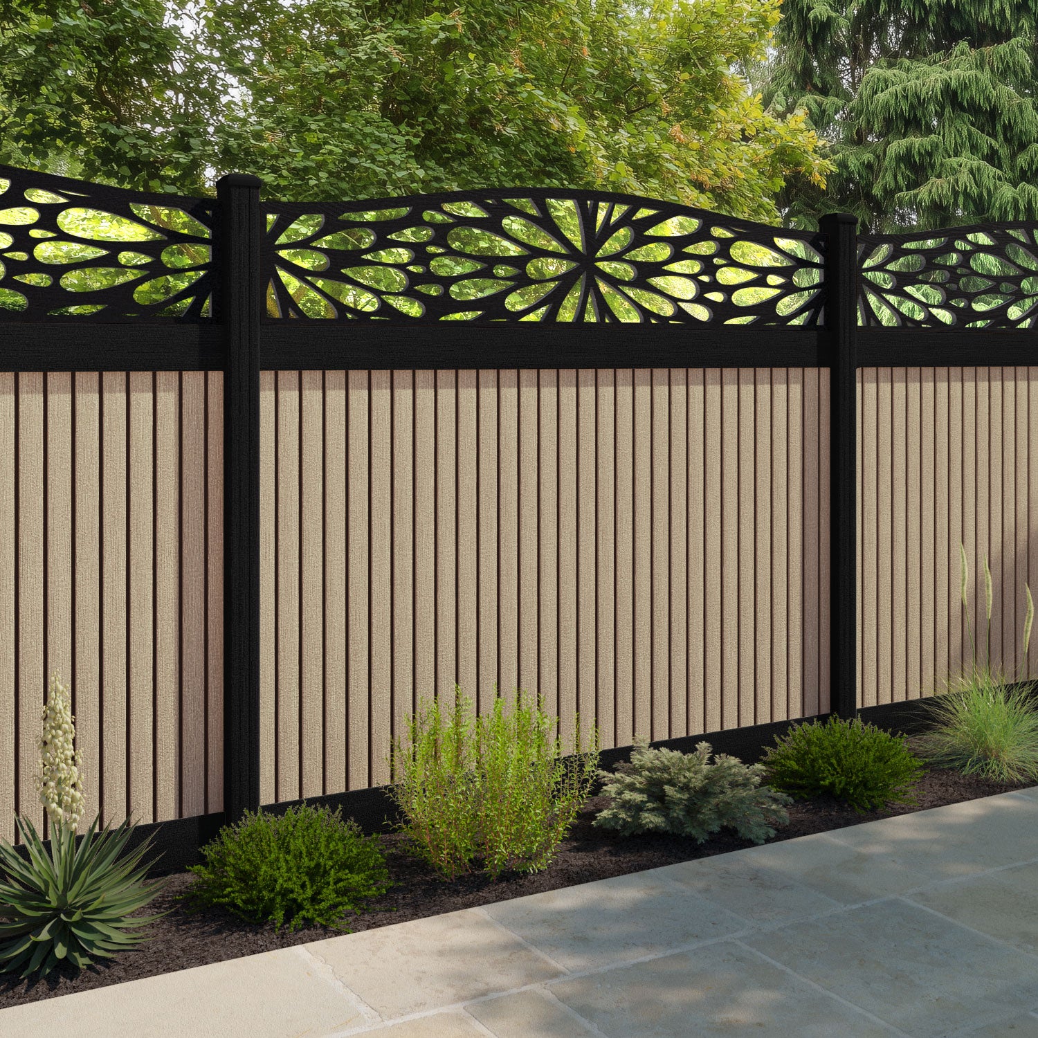 Virtis Blossom Curved Top Fence Panel - Light Oak - with our aluminium posts