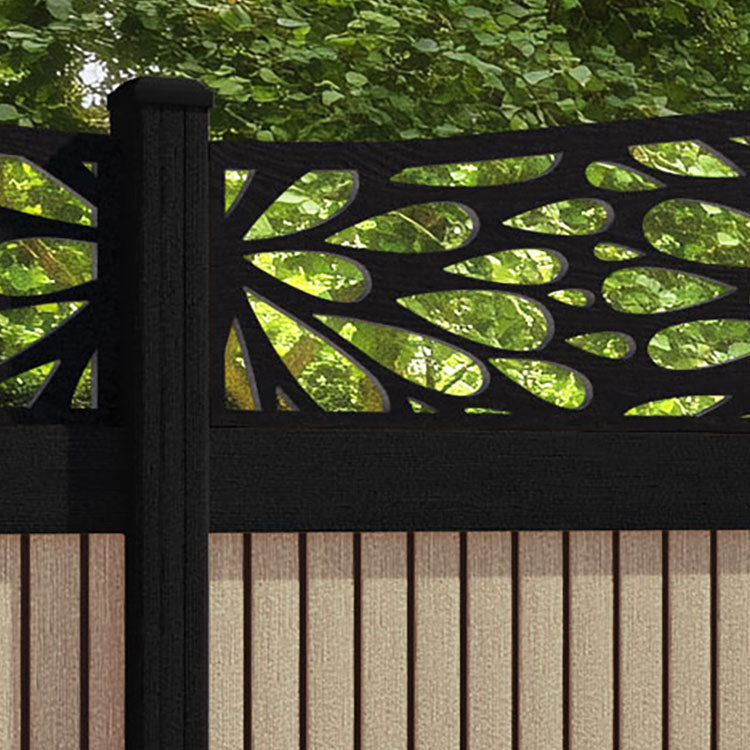 Virtis Blossom Curved Top Fence Panel - Light Oak - with our aluminium posts