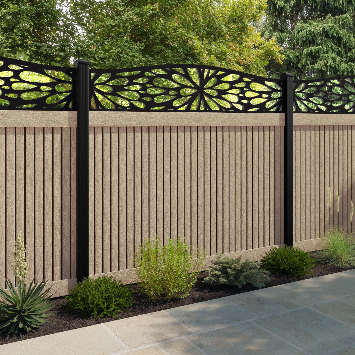 Virtis Blossom Curved Top Fence Panel - Light Oak - with our aluminium posts