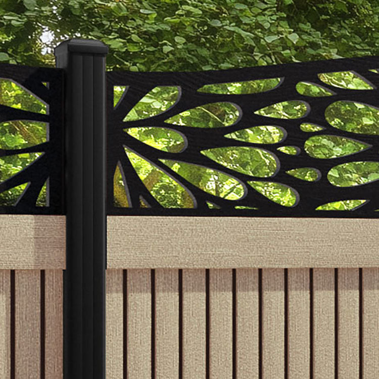 Virtis Blossom Curved Top Fence Panel - Light Oak - with our aluminium posts