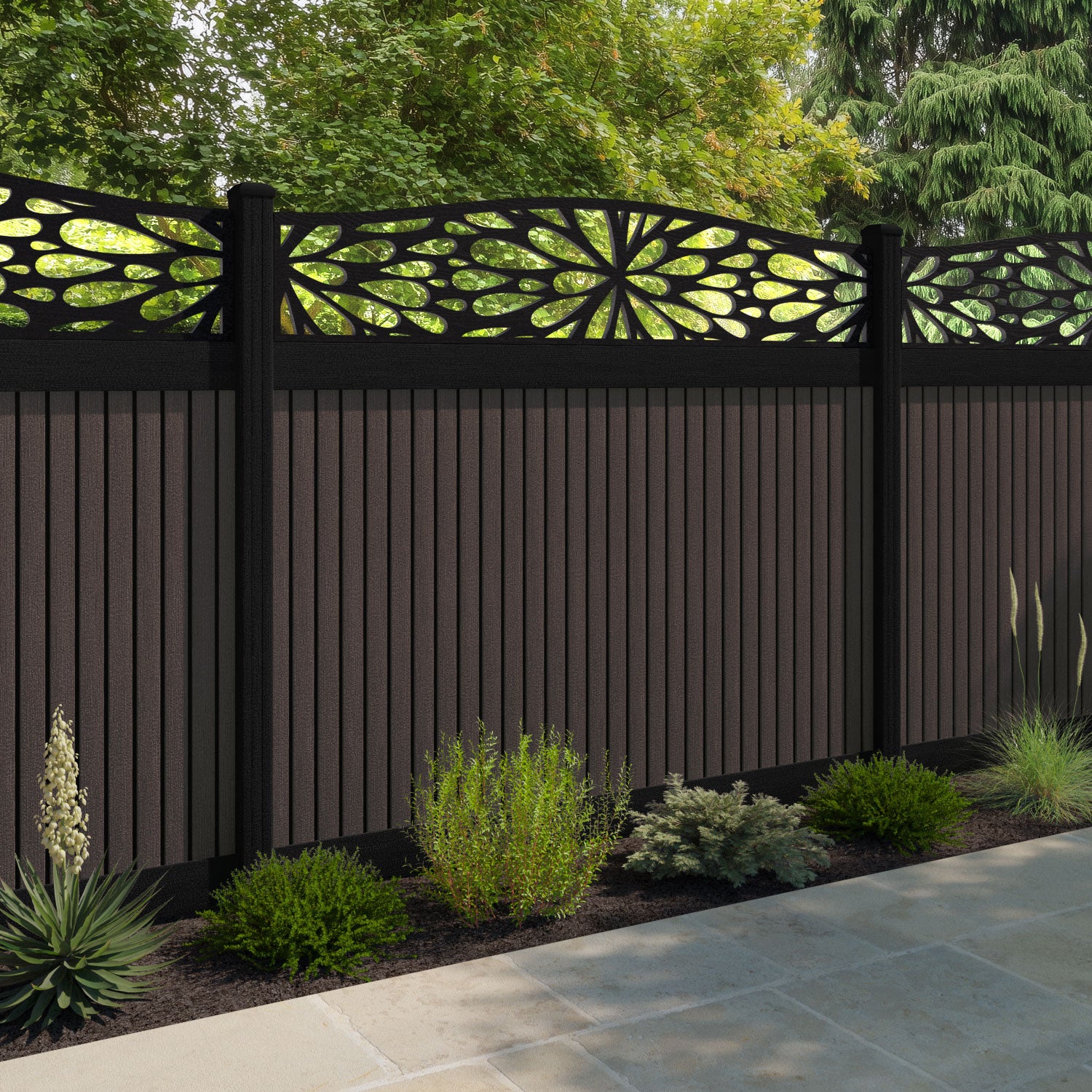 Virtis Blossom Curved Top Fence Panel - Mid Brown - with our composite posts
