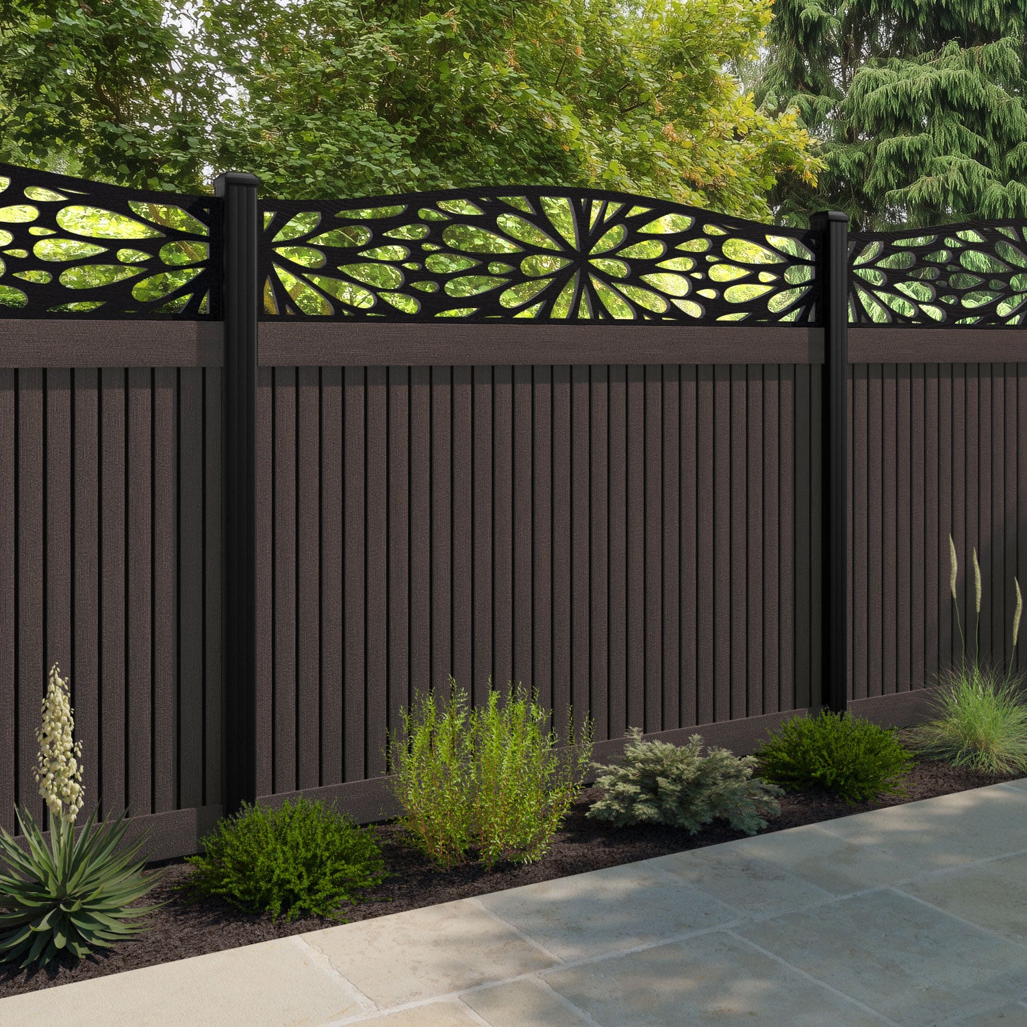 Virtis Blossom Curved Top Fence Panel - Mid Brown - with our composite posts