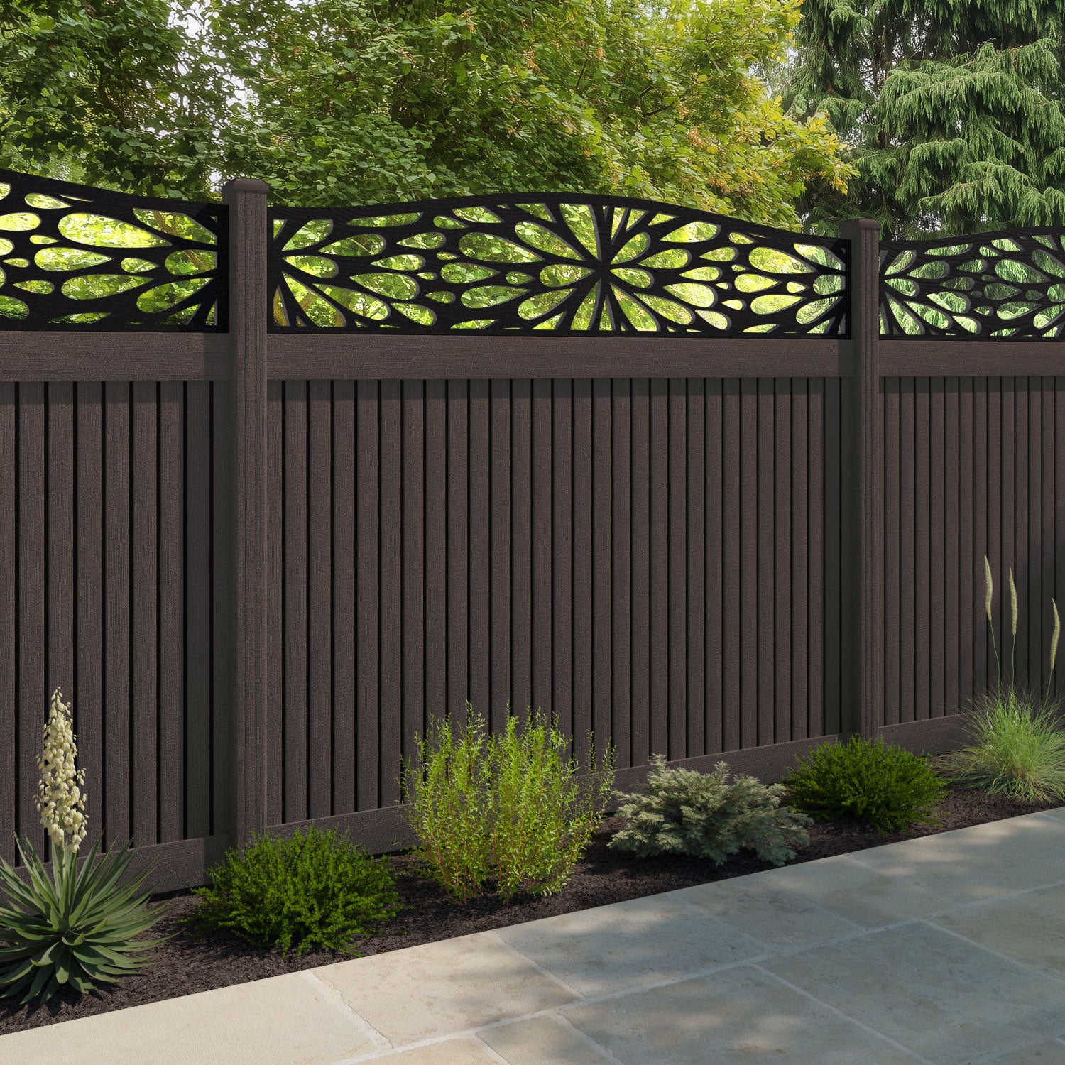 Virtis Blossom Curved Top Fence Panel - Mid Brown - with our composite posts