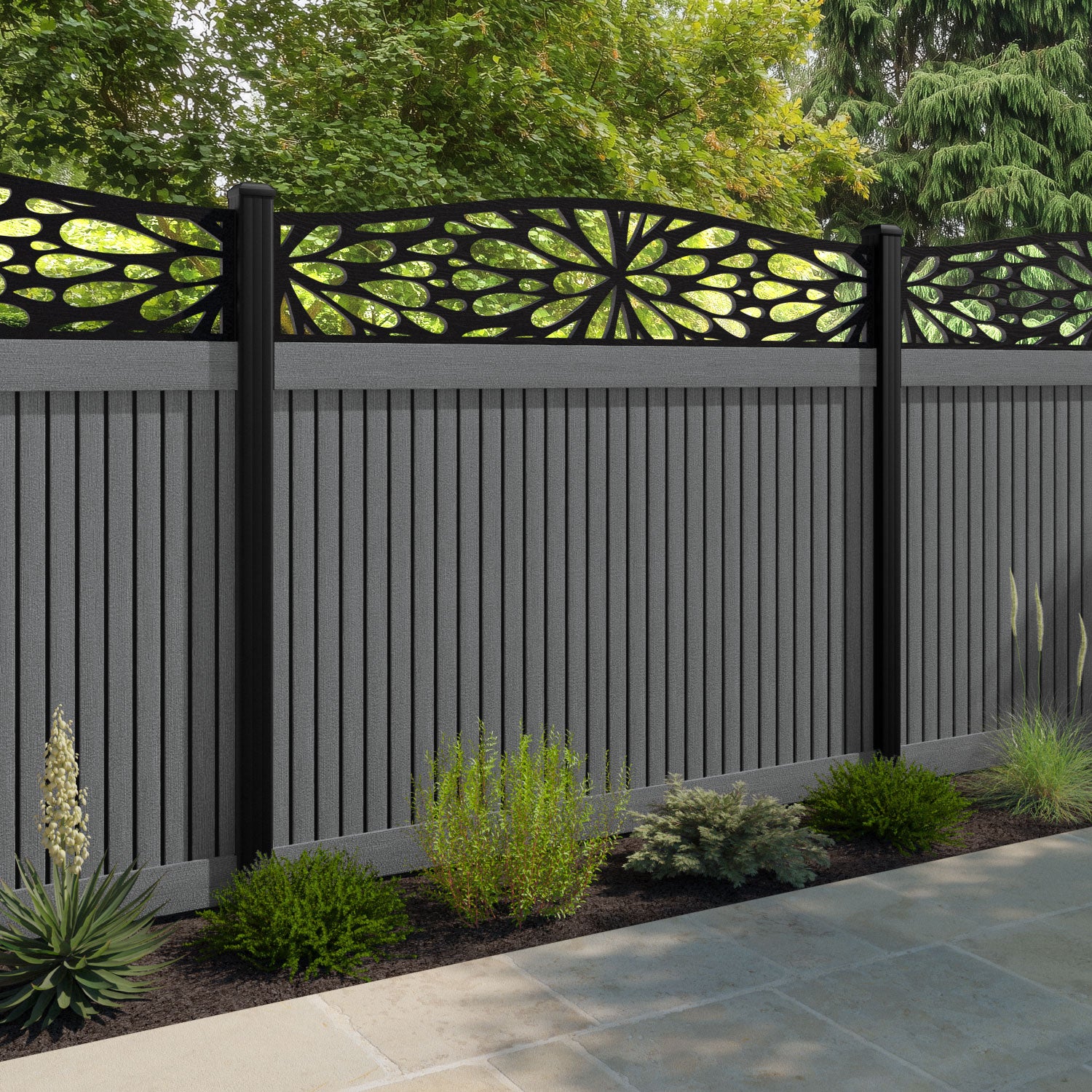 Virtis Blossom Curved Top Fence Panel - Mid Grey - with our aluminium posts
