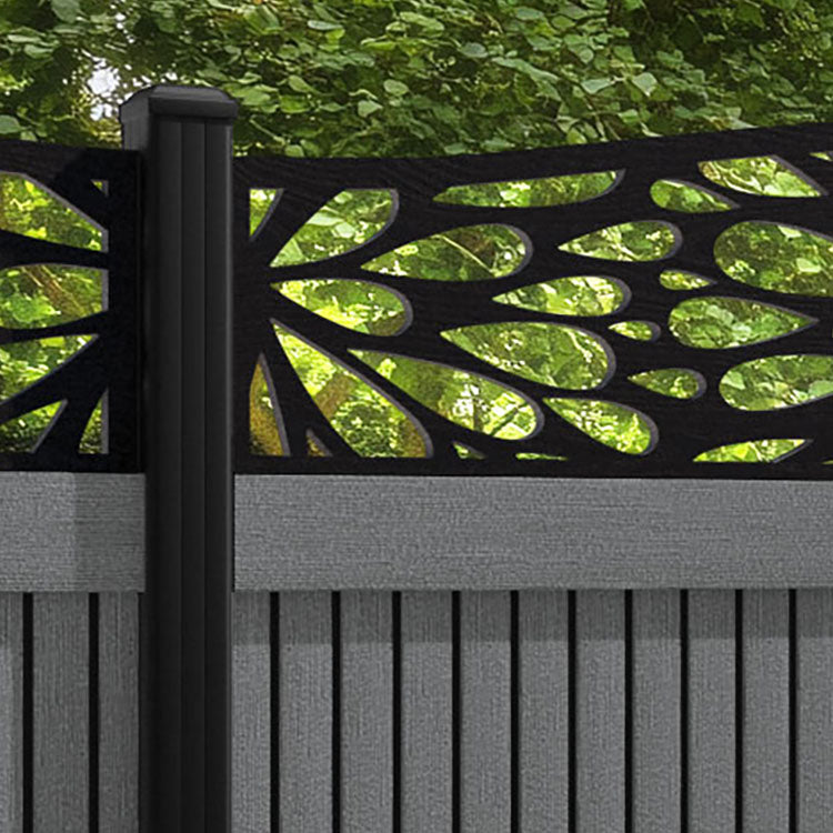 Virtis Blossom Curved Top Fence Panel - Mid Grey - with our aluminium posts