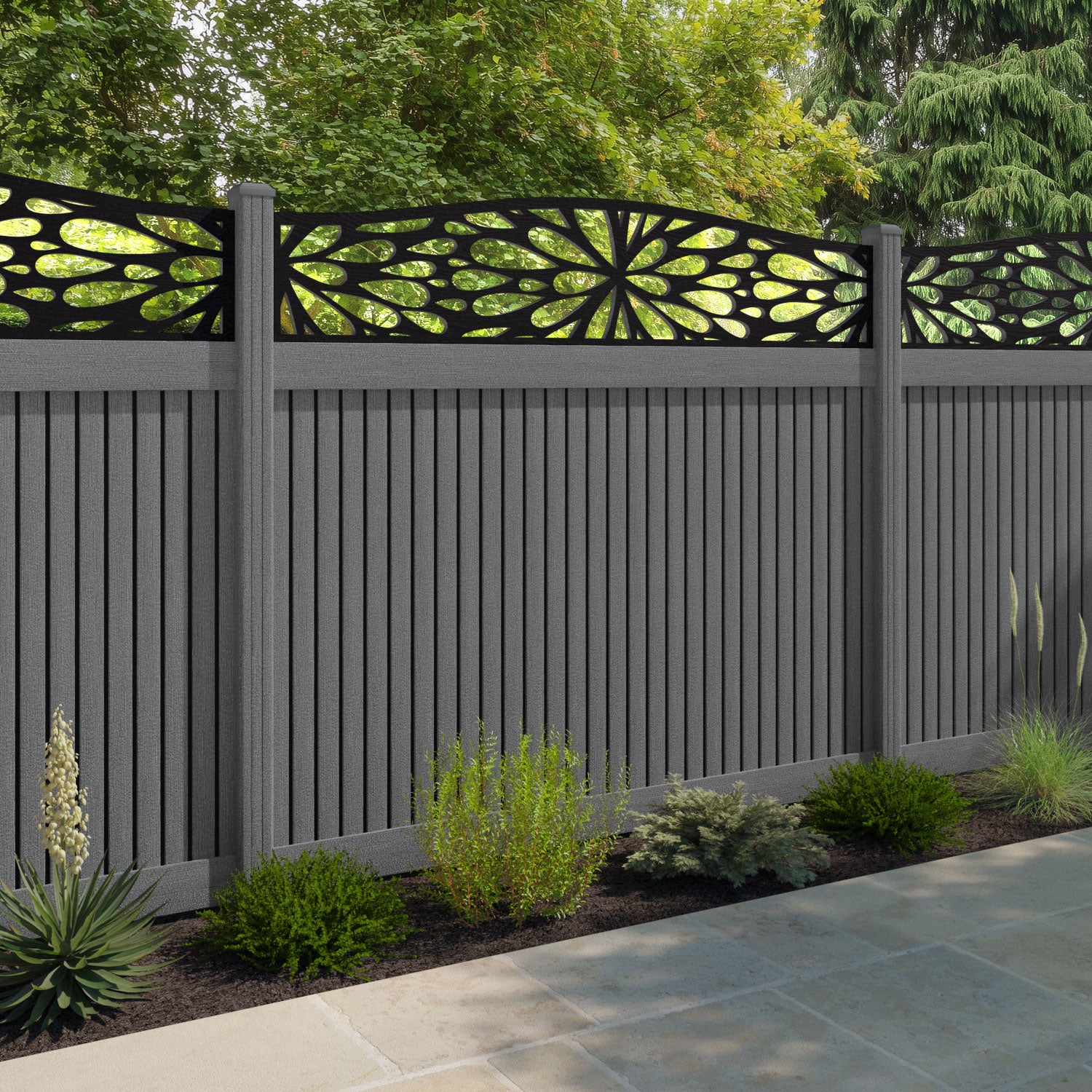 Virtis Blossom Curved Top Fence Panel - Mid Grey - with our composite posts