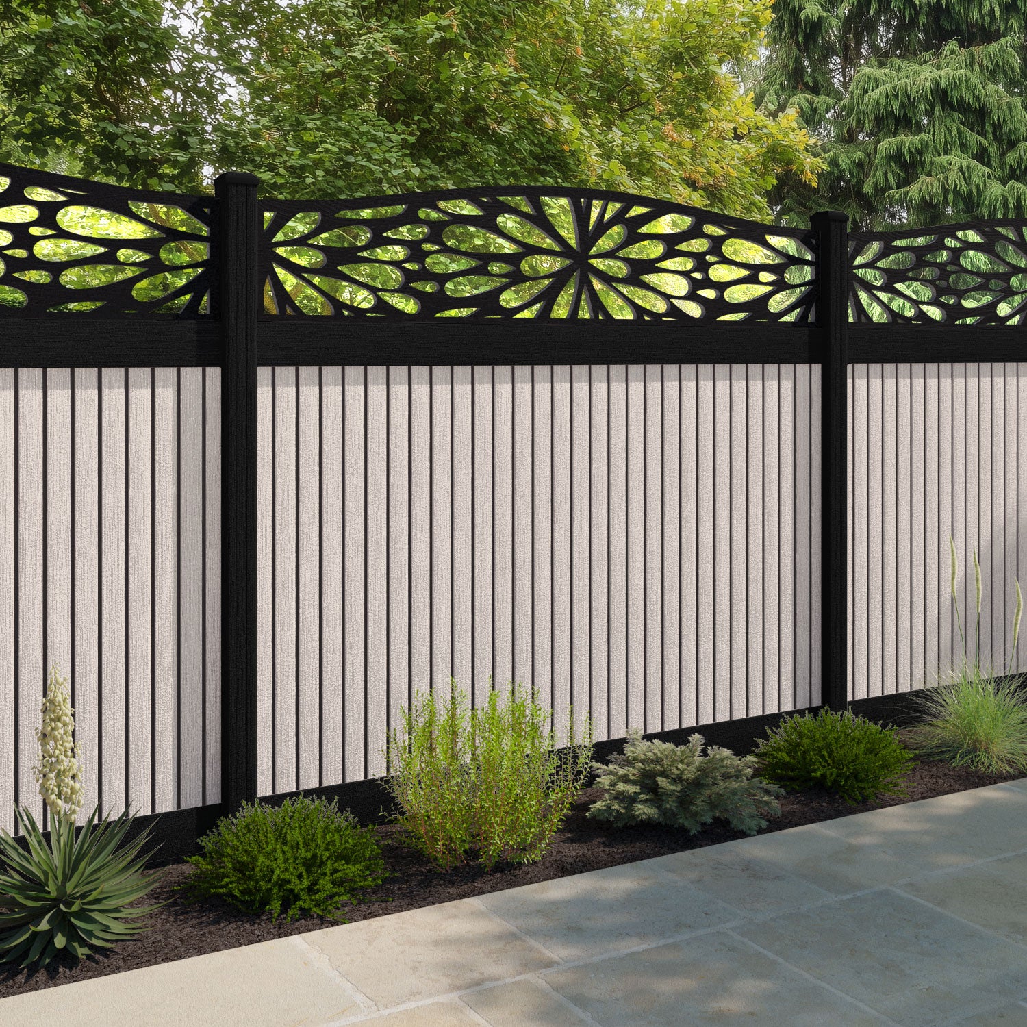 Virtis Blossom Curved Top Fence Panel - Mid Stone - with our aluminium posts
