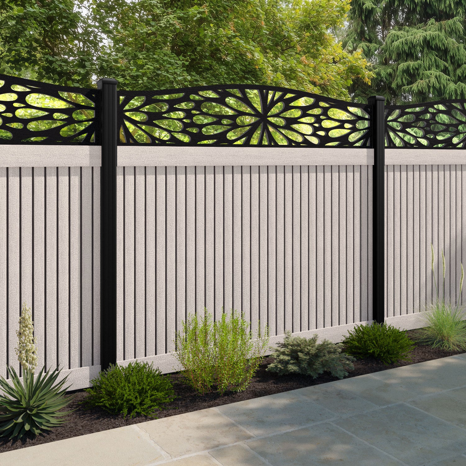 Virtis Blossom Curved Top Fence Panel - Mid Stone - with our aluminium posts