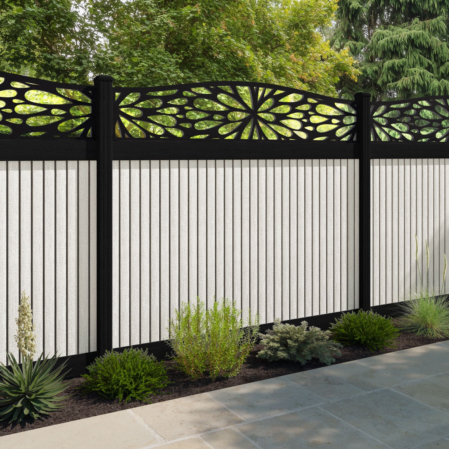 Virtis Blossom Curved Top Fence Panel - Light Stone - with our aluminium posts