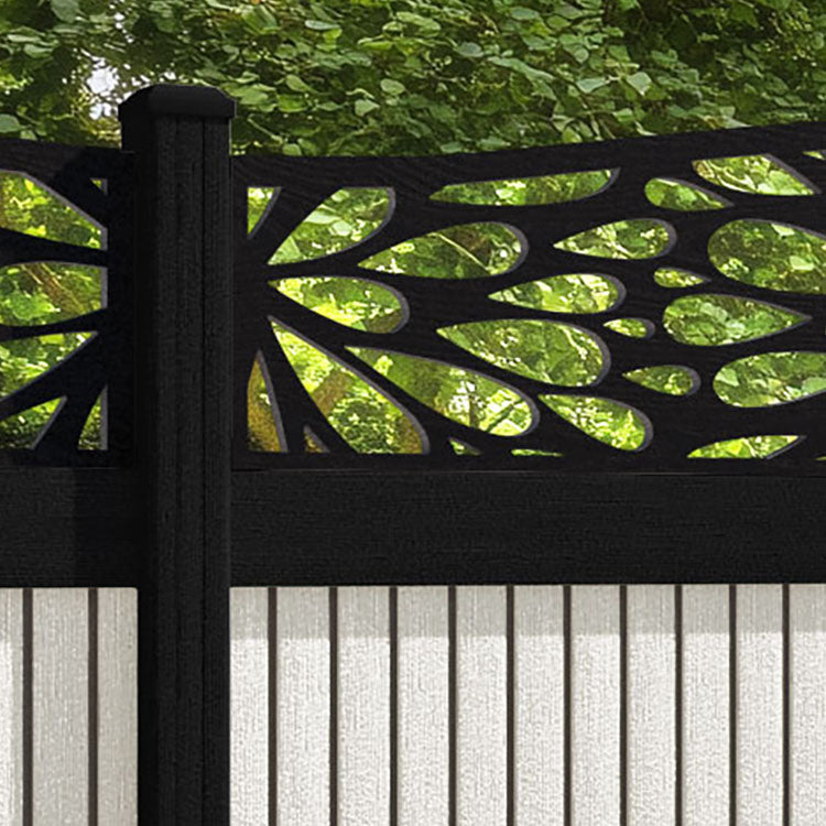 Virtis Blossom Curved Top Fence Panel - Light Stone - with our aluminium posts