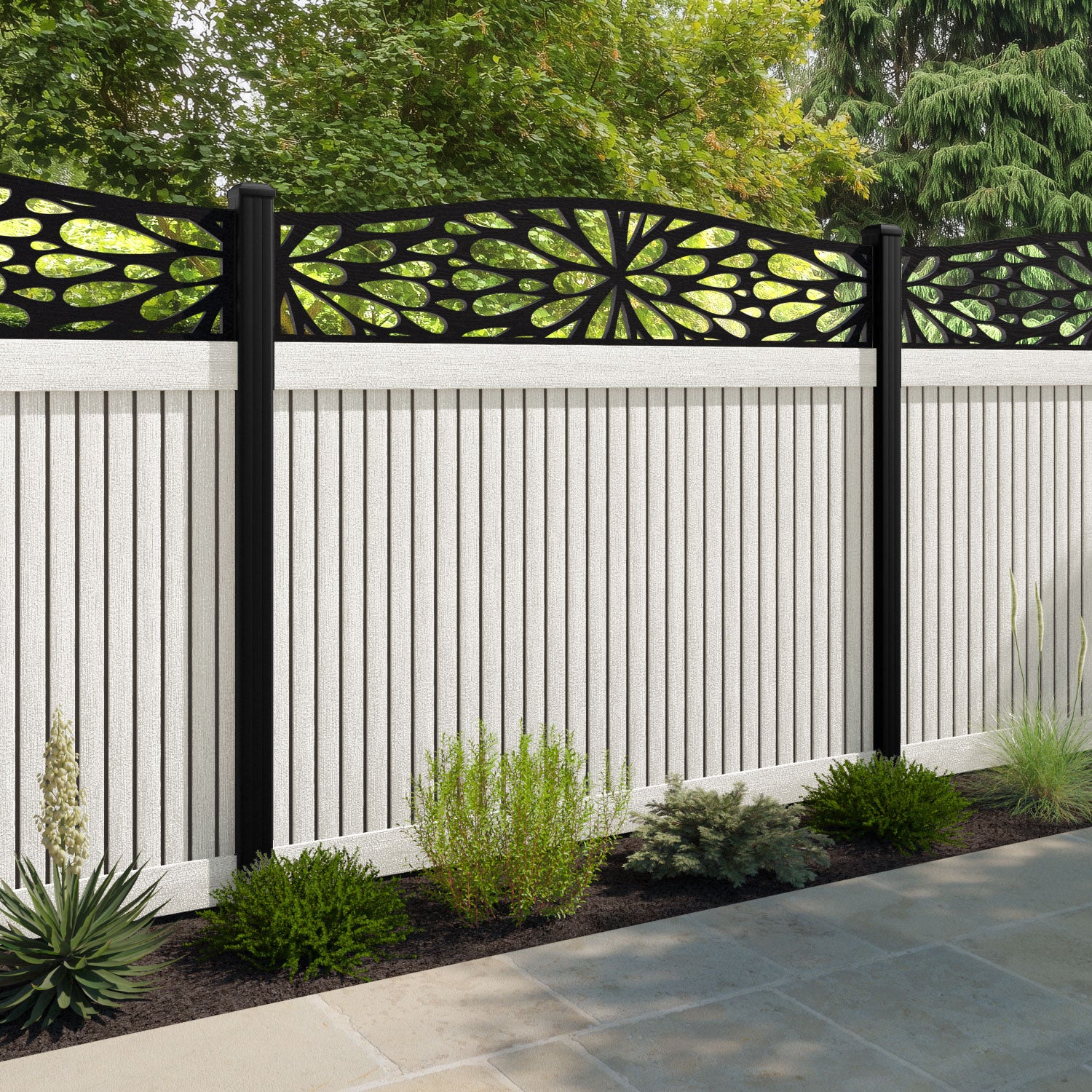 Virtis Blossom Curved Top Fence Panel - Light Stone - with our composite posts