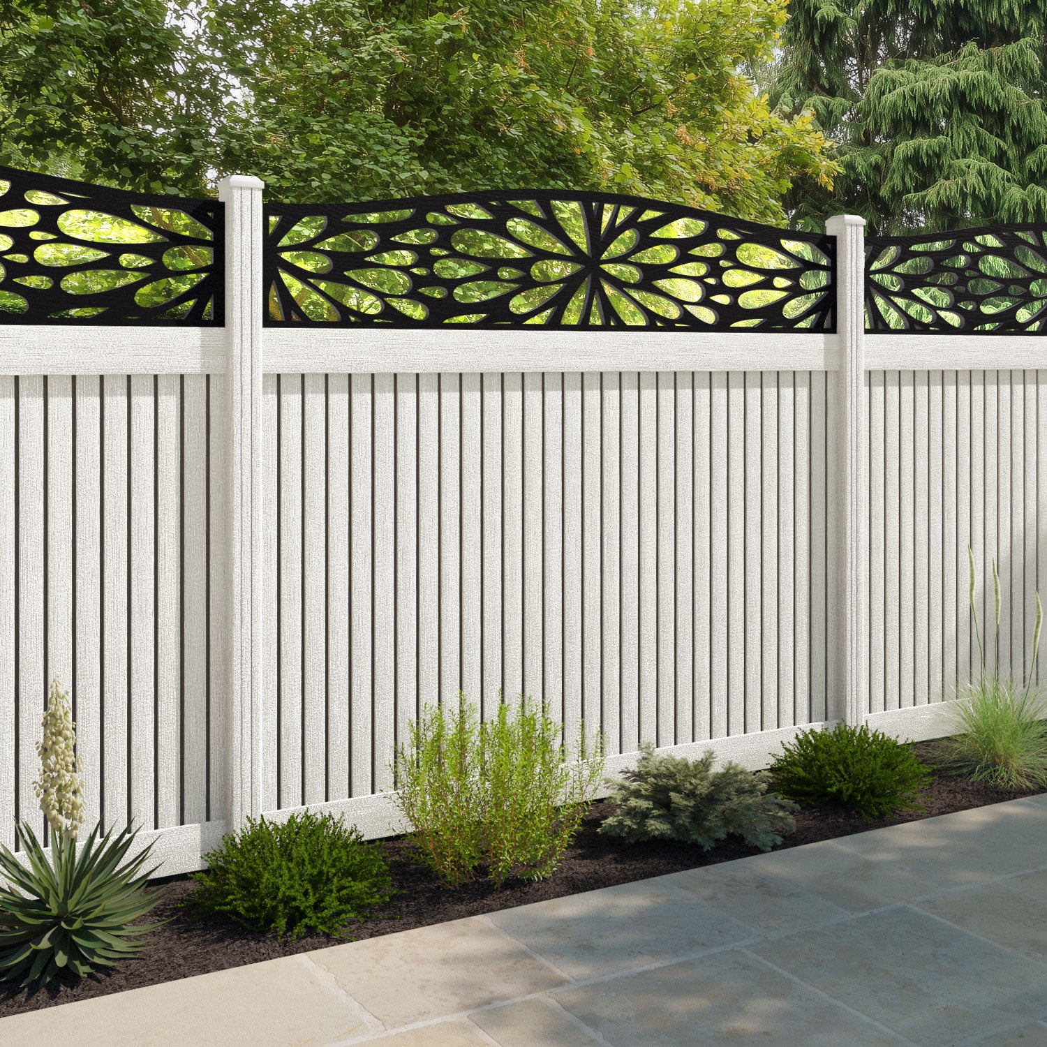 Virtis Blossom Curved Top Fence Panel - Light Stone - with our composite posts