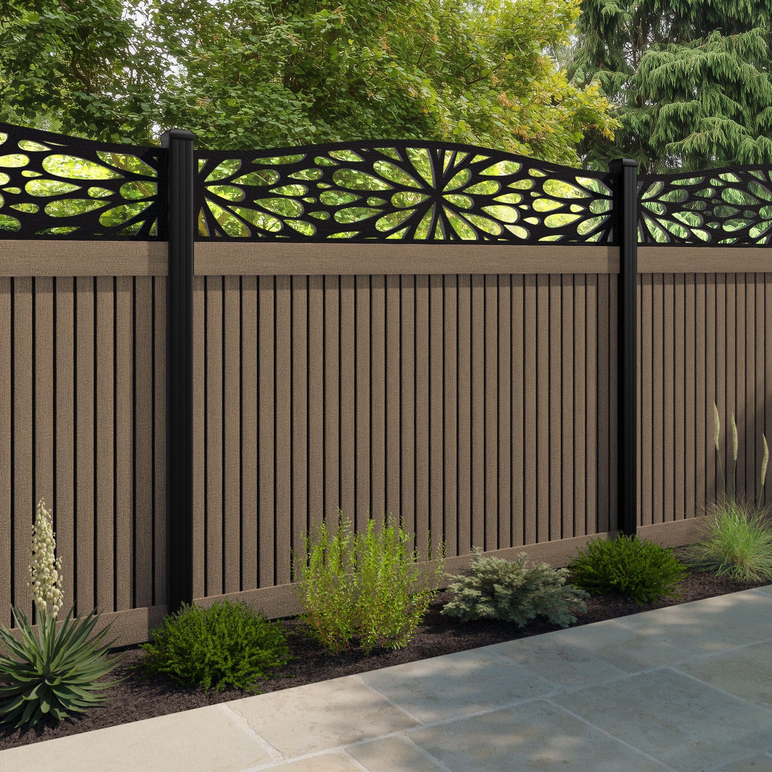 Virtis Blossom Curved Top Fence Panel - Teak - with our aluminium posts