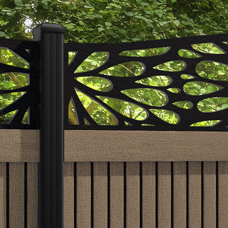 Virtis Blossom Curved Top Fence Panel - Teak - with our aluminium posts