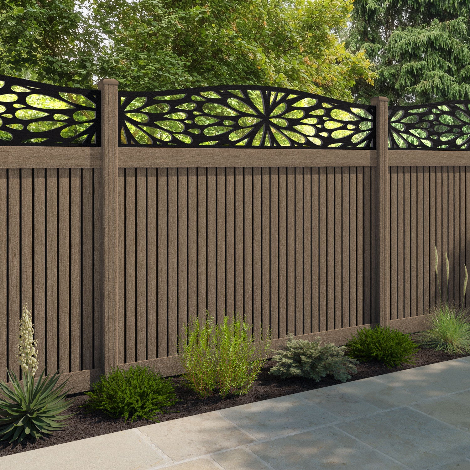 Virtis Blossom Curved Top Fence Panel - Teak - with our composite posts