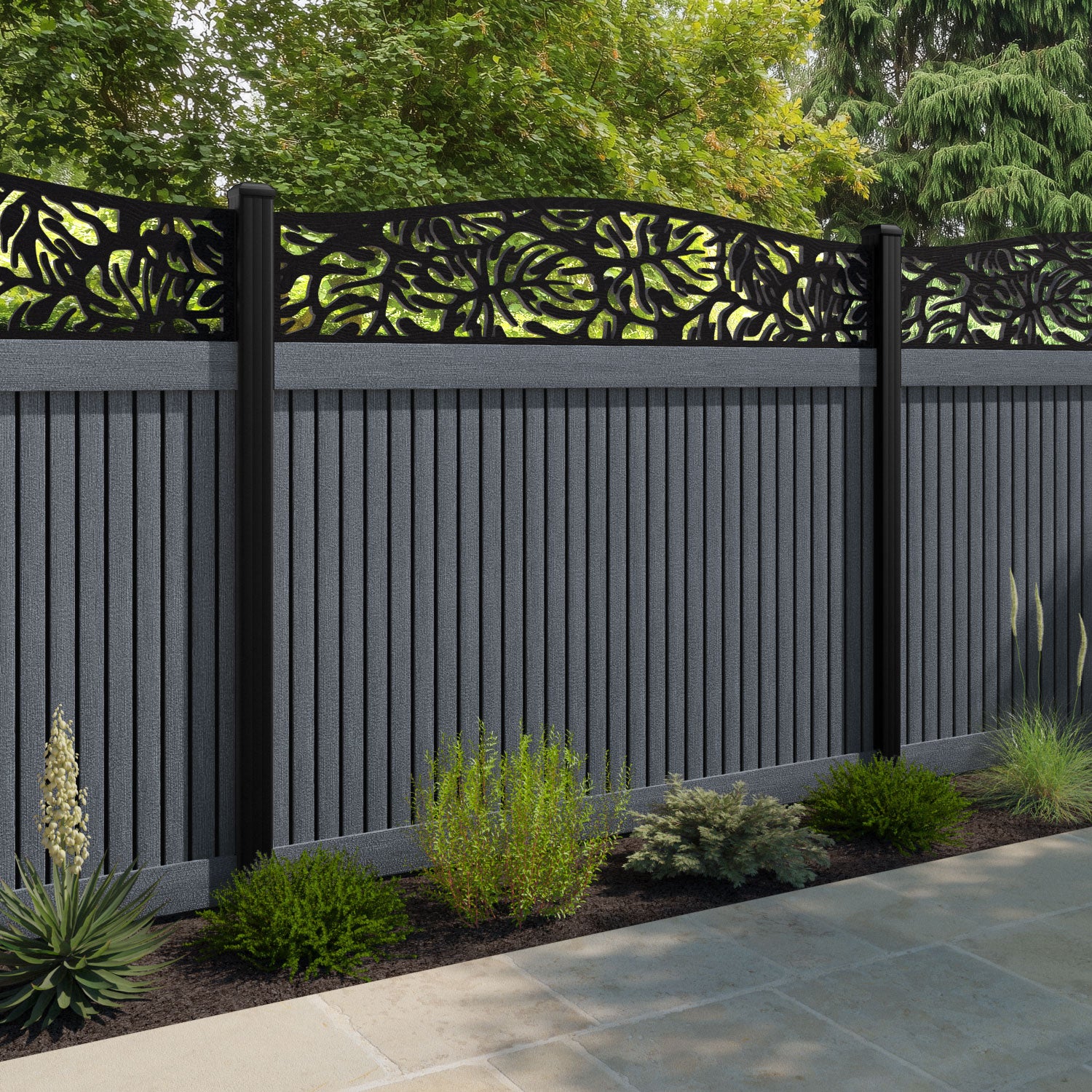 Virtis Botanic Curved Top Fence Panel - Anthracite - with our aluminium posts