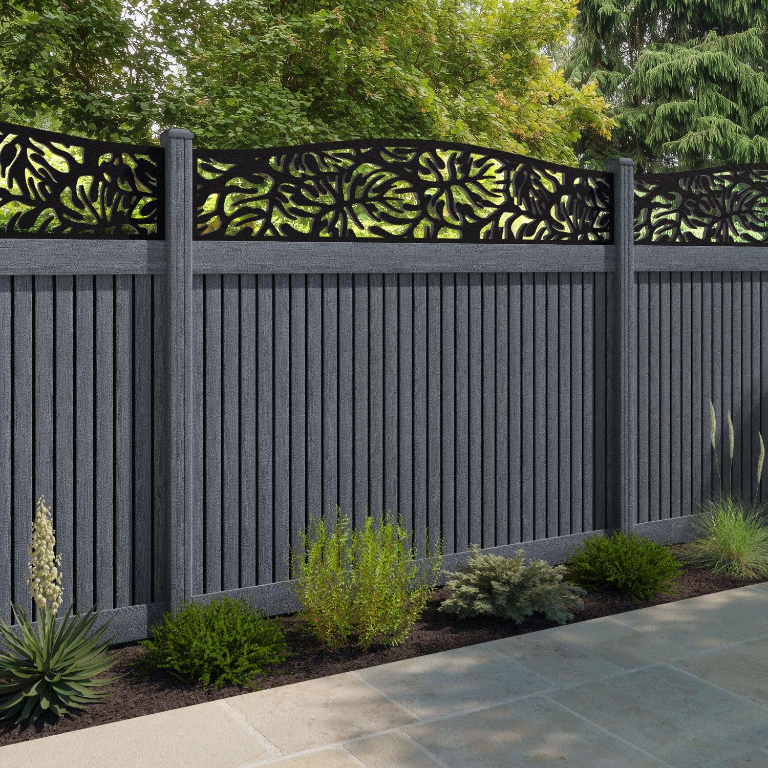 Virtis Botanic Curved Top Fence Panel - Anthracite - with our composite posts