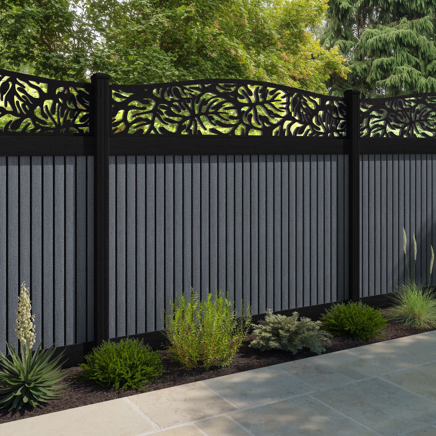 Virtis Botanic Curved Top Fence Panel - Anthracite - with our composite posts
