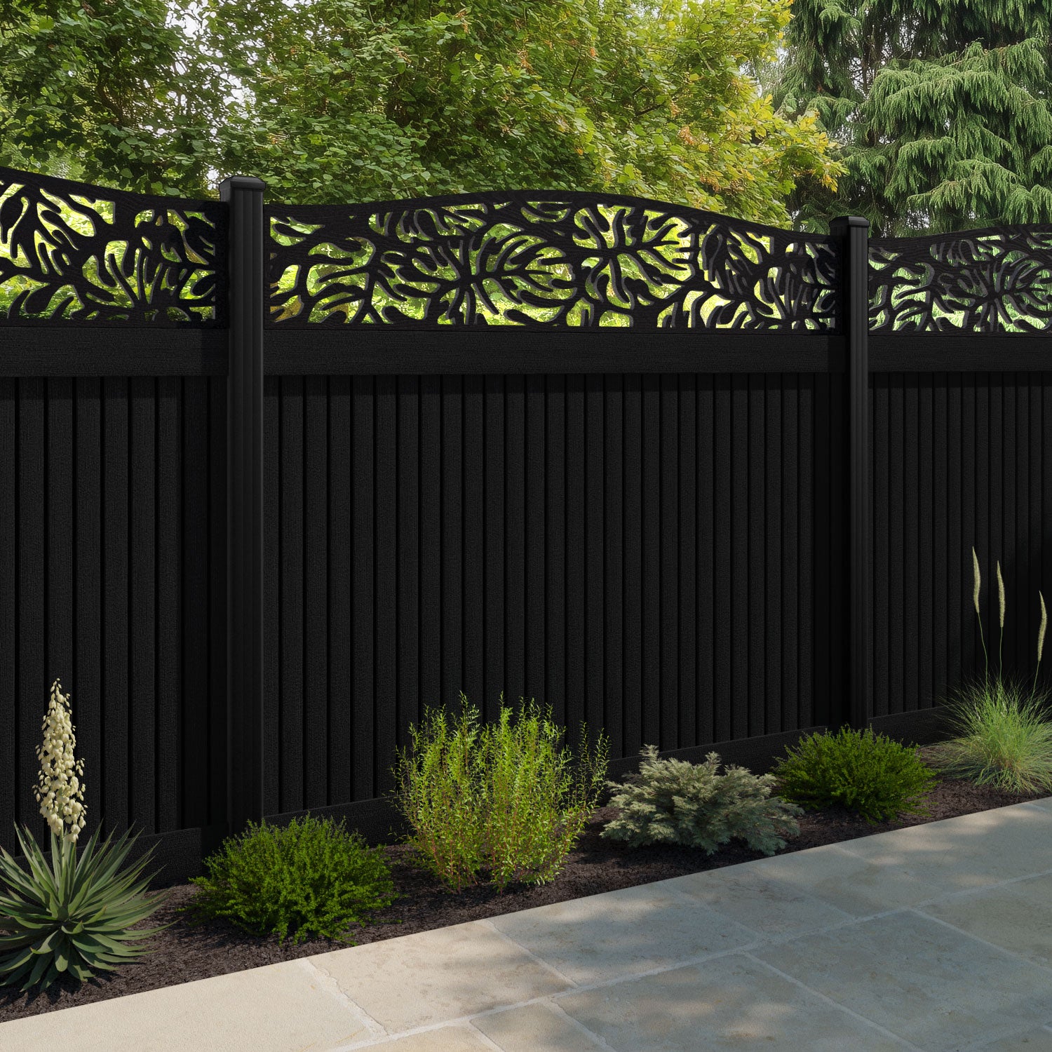 Virtis Botanic Curved Top Fence Panel - Black - with our aluminium posts