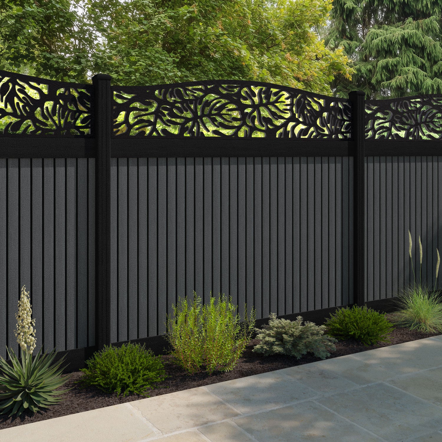 Virtis Botanic Curved Top Fence Panel - Dark Grey - with our composite posts