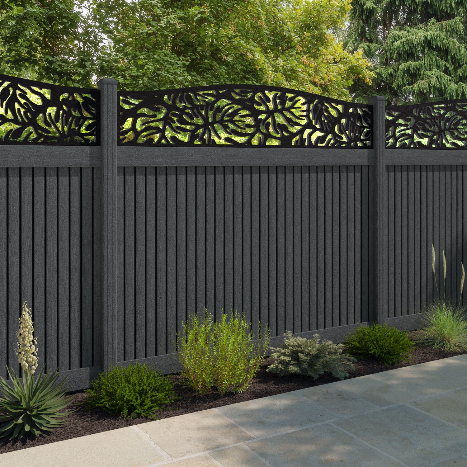 Virtis Botanic Curved Top Fence Panel - Dark Grey - with our composite posts