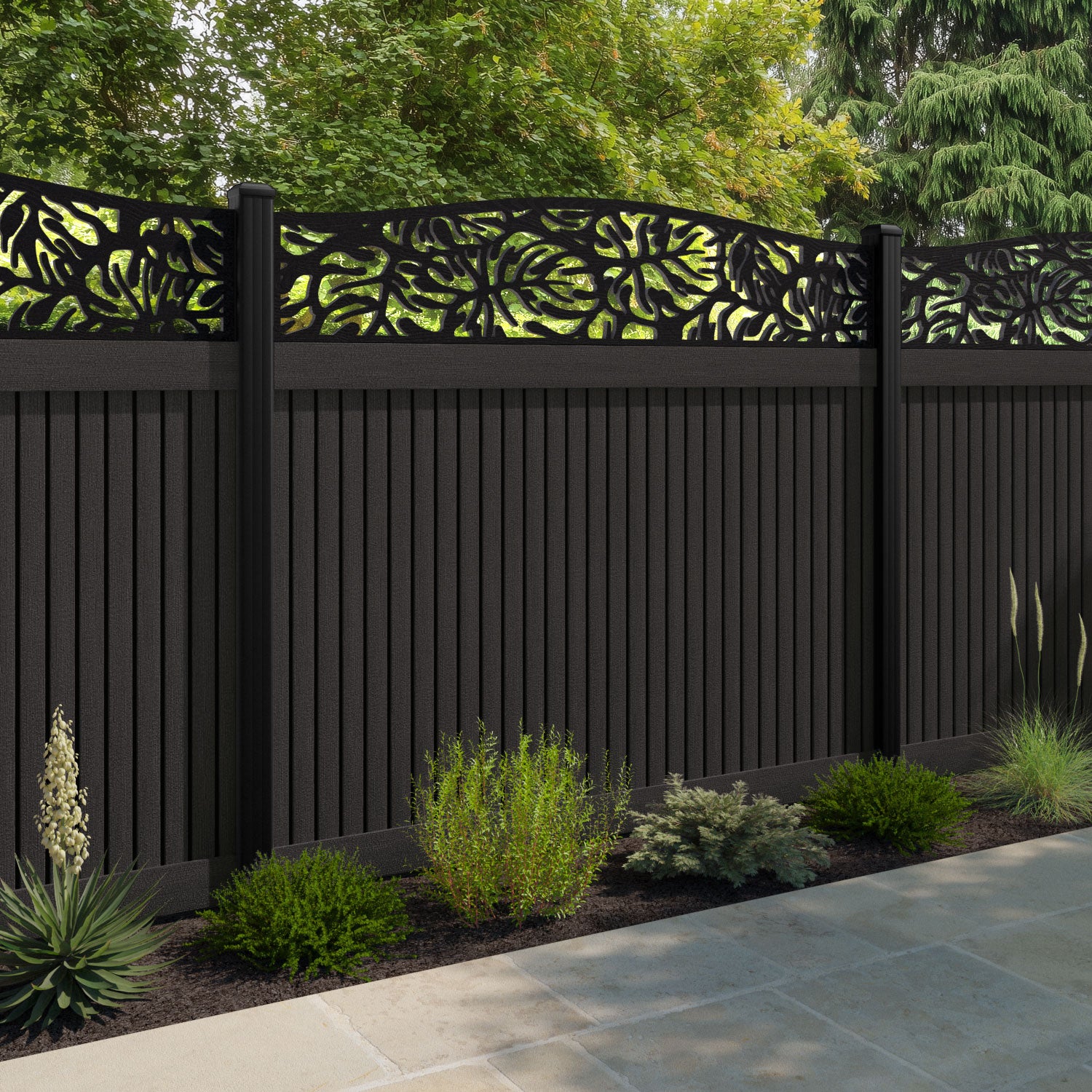 Virtis Botanic Curved Top Fence Panel - Dark Oak - with our composite posts