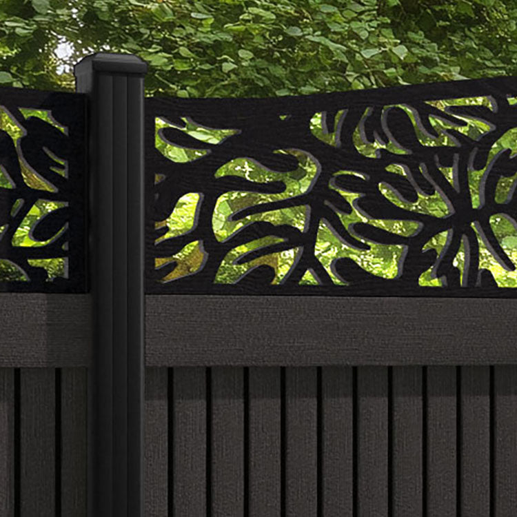 Virtis Botanic Curved Top Fence Panel - Dark Oak - with our aluminium posts