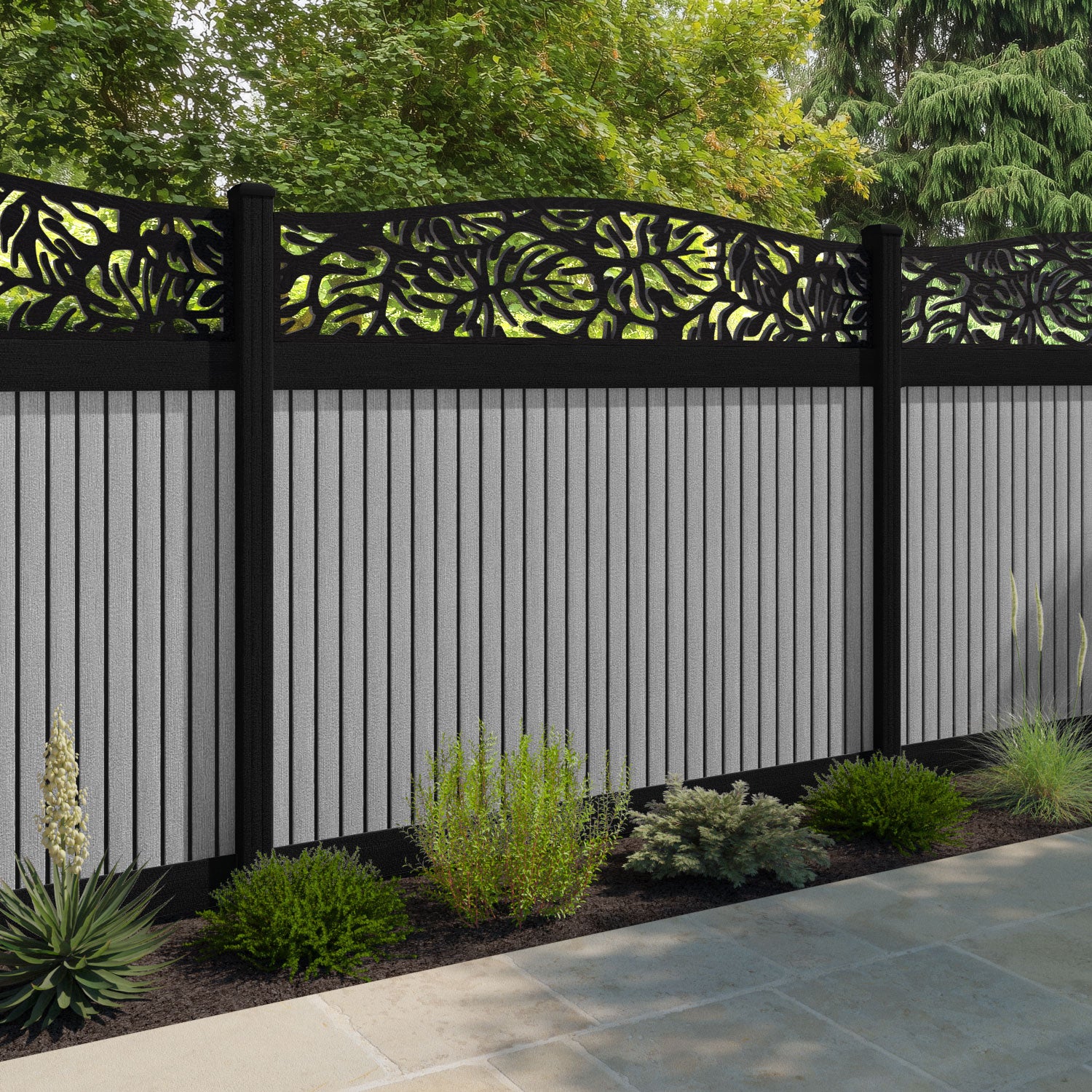 Virtis Botanic Curved Top Fence Panel - Light Grey - with our composite posts