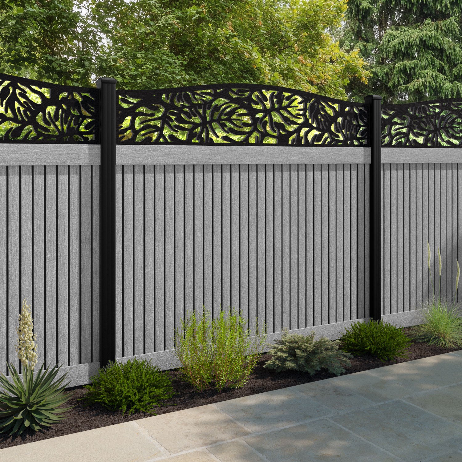 Virtis Botanic Curved Top Fence Panel - Light Grey - with our aluminium posts