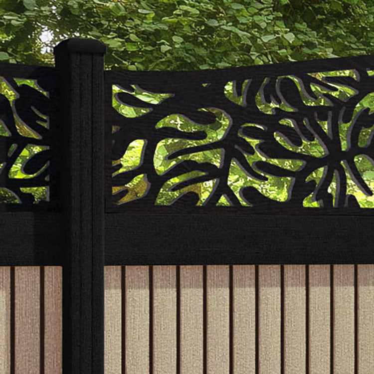 Virtis Botanic Curved Top Fence Panel - Light Oak - with our aluminium posts