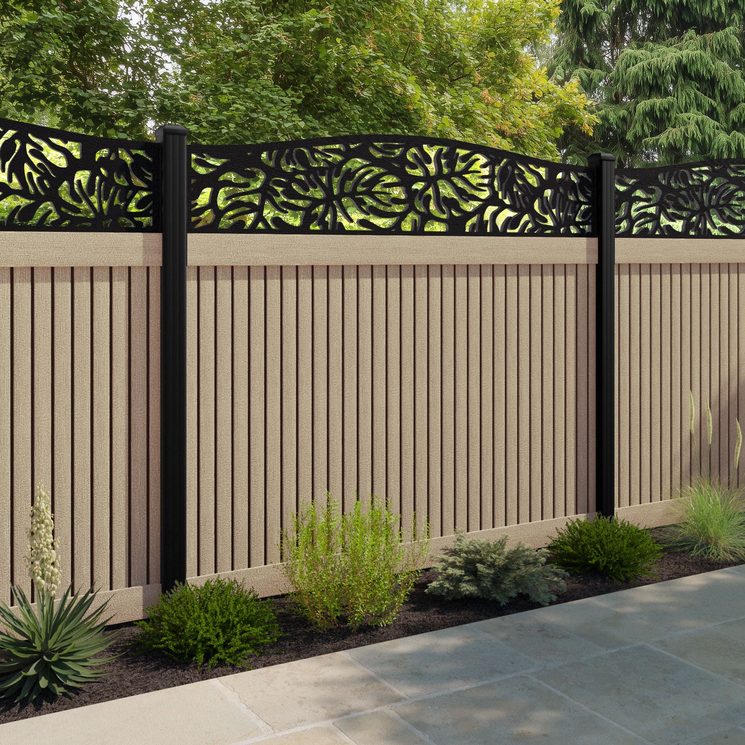 Virtis Botanic Curved Top Fence Panel - Light Oak - with our aluminium posts