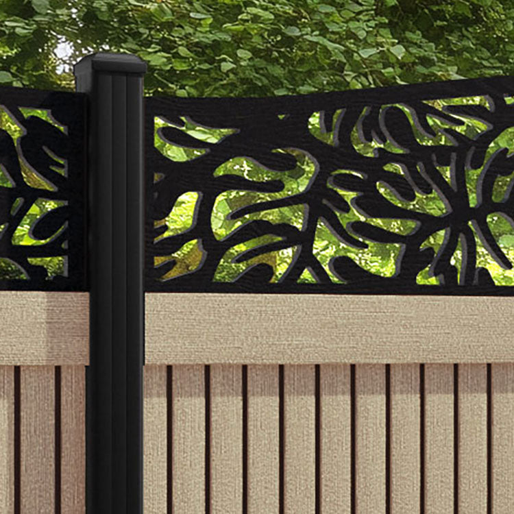 Virtis Botanic Curved Top Fence Panel - Light Oak - with our aluminium posts