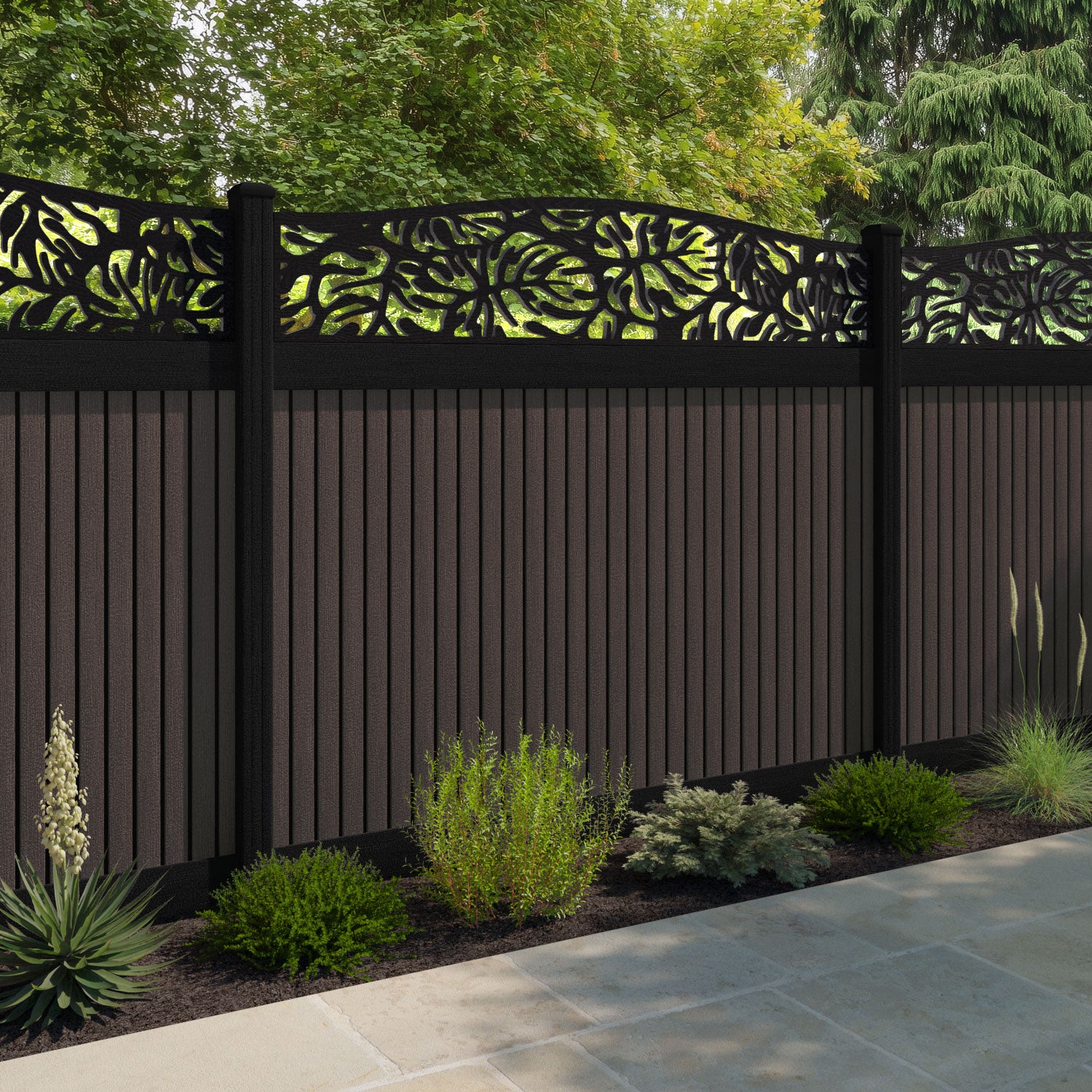 Virtis Botanic Curved Top Fence Panel - Mid Brown - with our composite posts